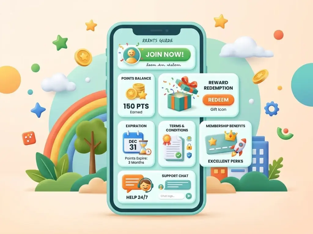 Digital loyalty guide showing rewards, benefits, terms, and support.