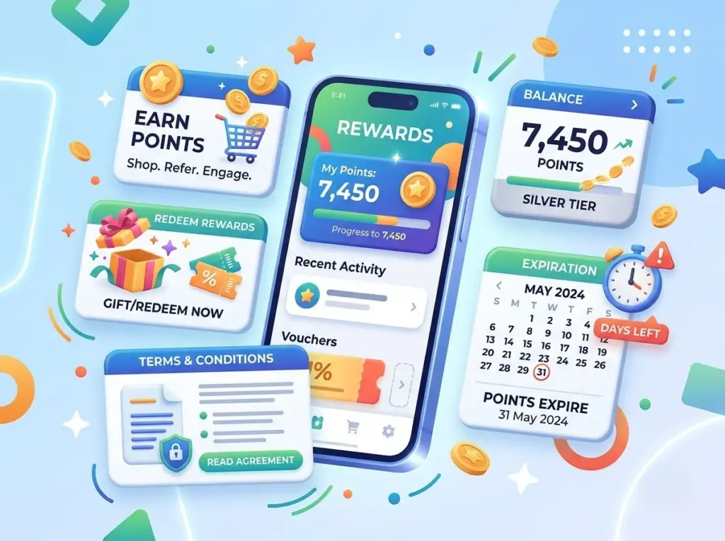 Digital loyalty rewards dashboard with points and rewards.